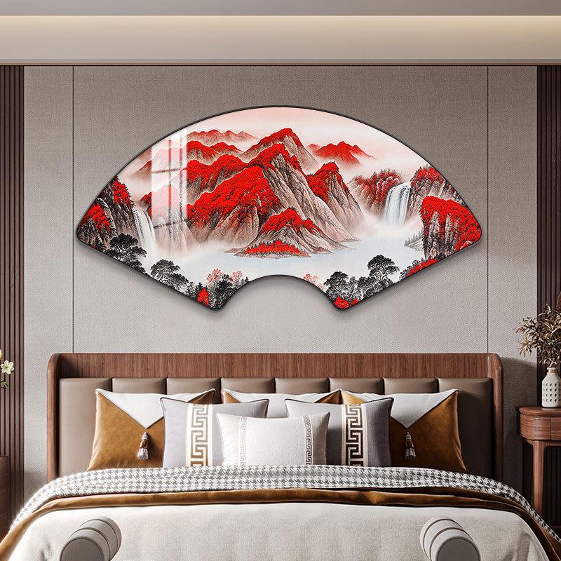 现代简约流水生财装饰画客厅玄关扇形山水画茶室办公室背景墙壁画