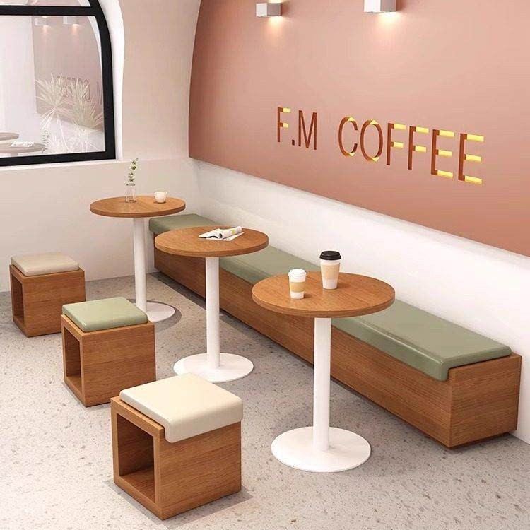 需定制网红奶茶店桌椅组合甜品店长条卡座沙发凳靠墙定制咖啡厅卡