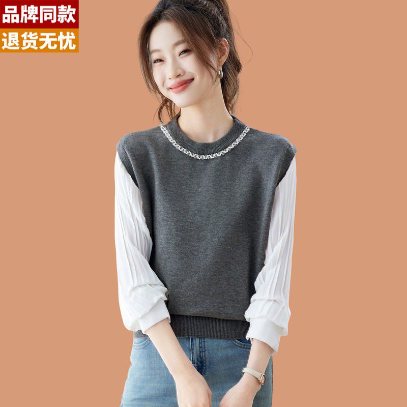 假两件拼接衬衫长袖针织衫女2026春季新款洋气薄款羊毛打底衫上衣