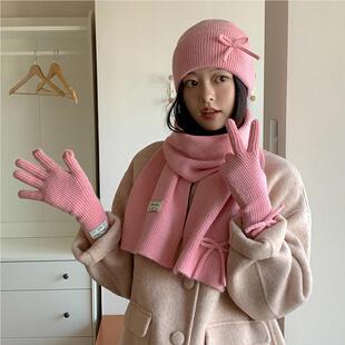 2024新款系蝶可爱蝴结围巾韩加10124-11女冬季厚保暖三件套含羊毛