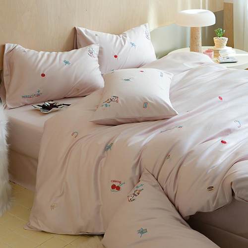 少女心长绒棉四件套可爱刺绣被套床单纯棉1.8m亲肤透气床上用品