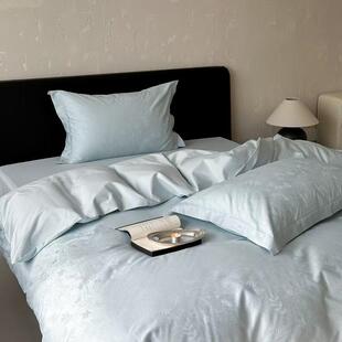 简约纯色复古长绒棉贡缎提花四件套轻奢全棉被套纯棉床单床上用品