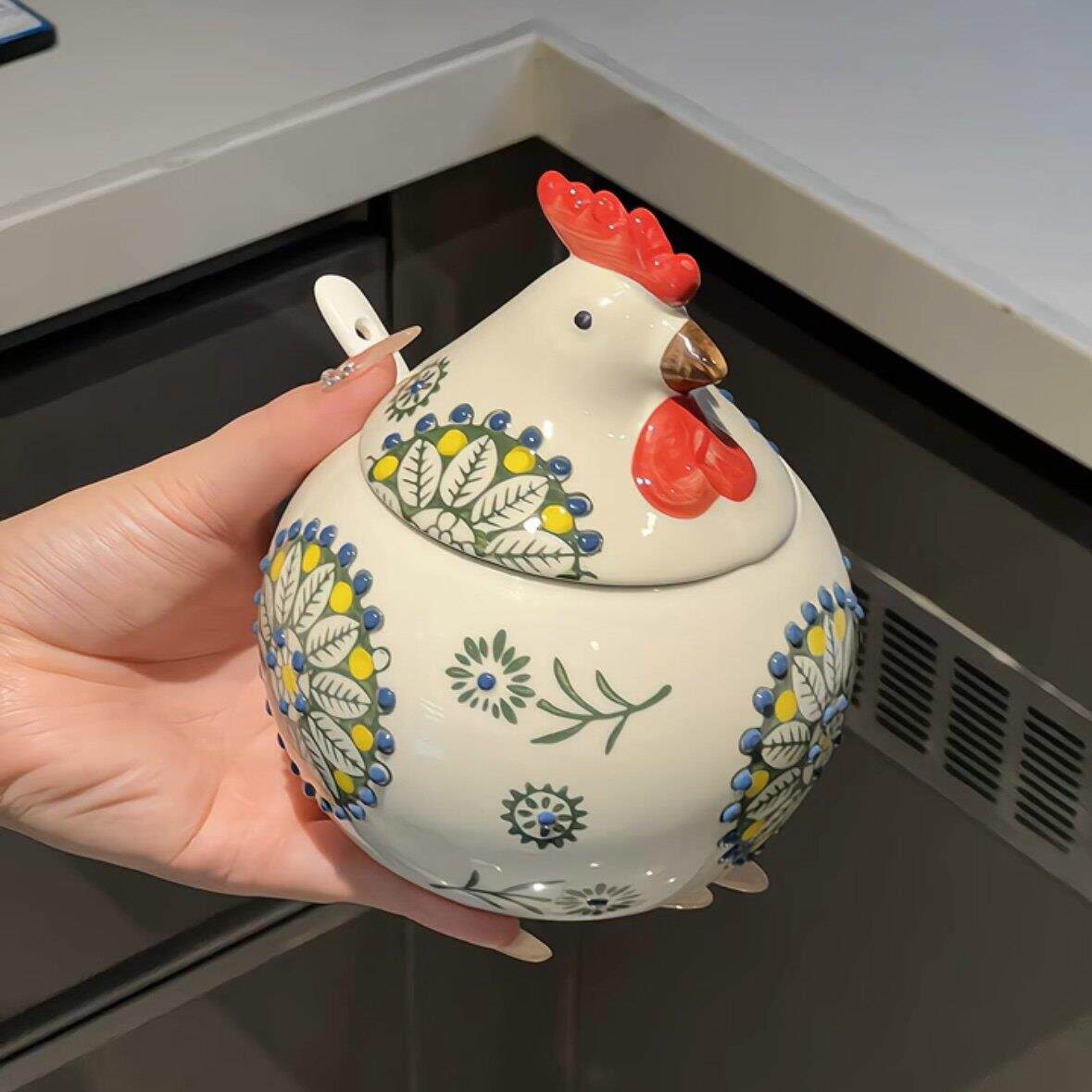 母鸡调味罐家用厨房有盖陶瓷调味盒调味盒防潮大容量盐罐麻辣罐