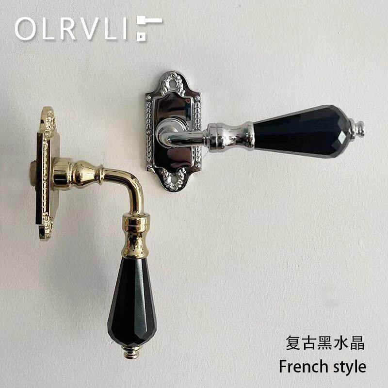 olrvli金色黄铜黑水晶门锁复古法式轻奢静音窄边门把手银色中古锁