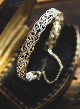 高档9手25银花纹搭镂空简约复古风开口镯属狂潮金百气质手环 金银