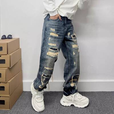 Mens Ripped Baggy Jeans Distressed Denim Streetwear