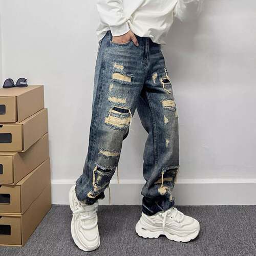 Mens Ripped Baggy Jeans Distressed Denim Streetwear