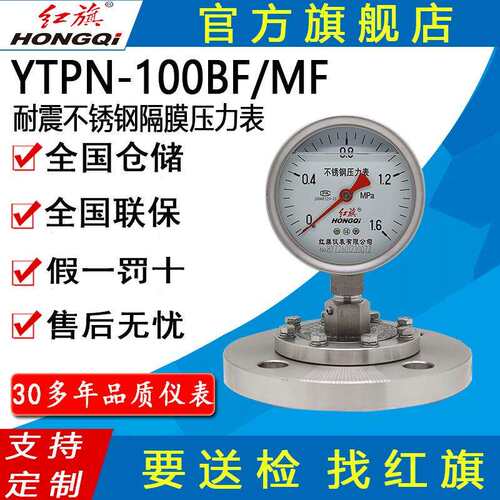 红旗仪表YTPN-100BF/MF耐腐蚀高温法兰连接 不锈钢耐震隔膜压力表