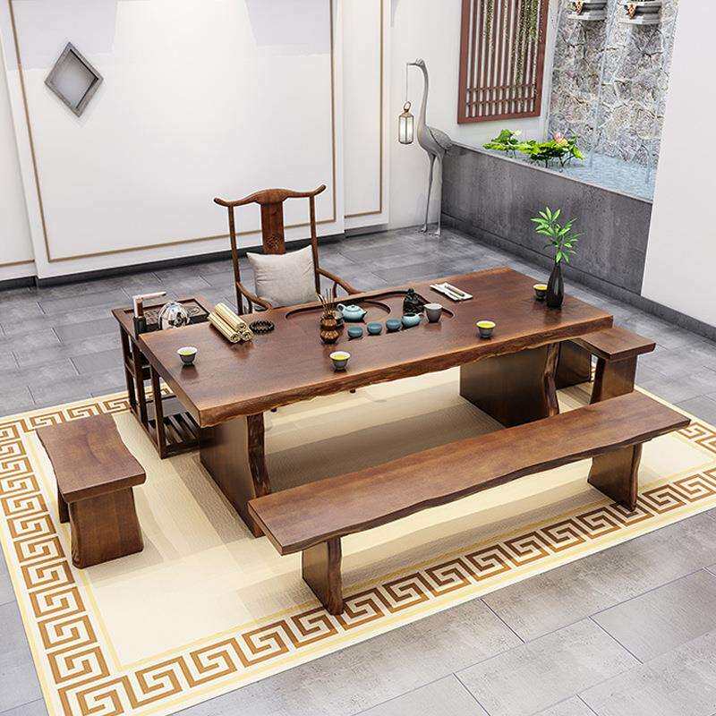 新中式家用实木茶桌 茶室会客大板茶台家具 办公室接待仿古泡茶桌