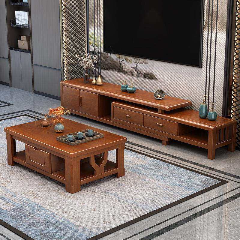 新中式实木电视柜家用多功能客厅墙柜简约地柜小户型可伸缩储物柜