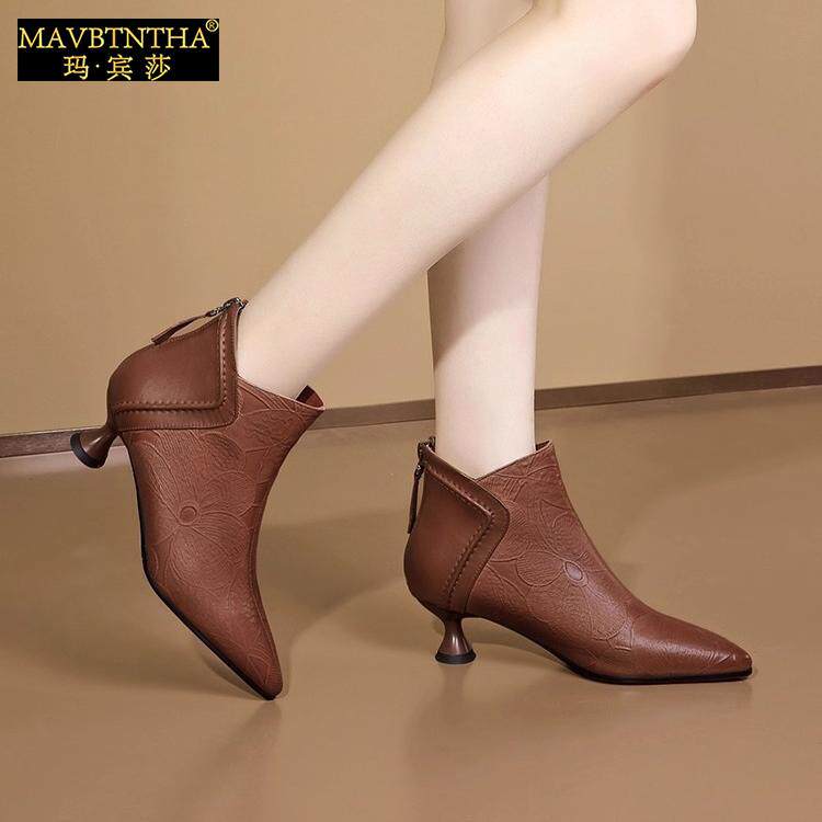 玛宾莎新款单靴时尚尖头短靴女士中跟高级感羊皮法式简约女款踝靴