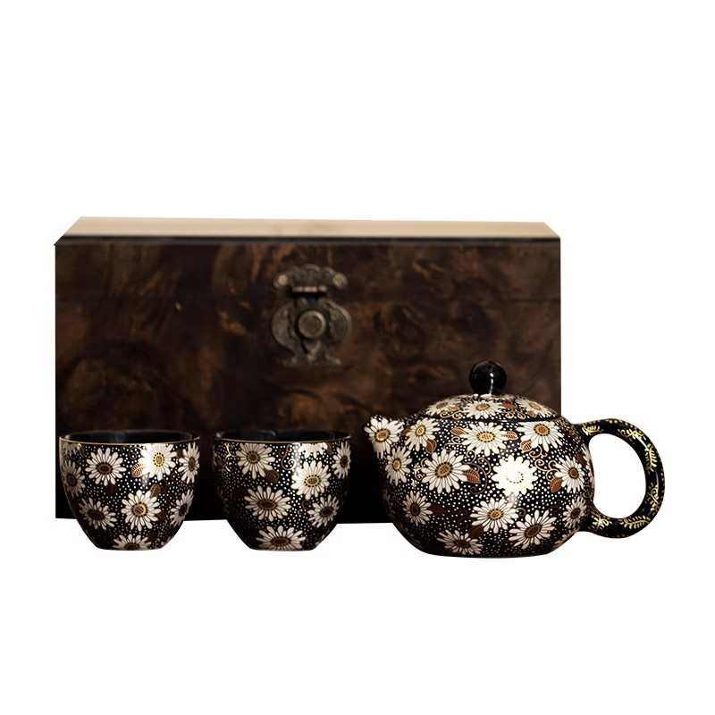 金银错小雏菊茶具套装陶瓷茶壶一壶二杯家用泡茶套组商务伴手礼品