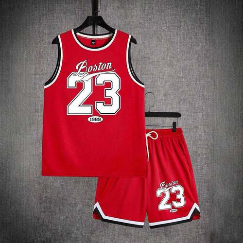 Two-Piece Set Men's Letter & Number Print Contrast Binding