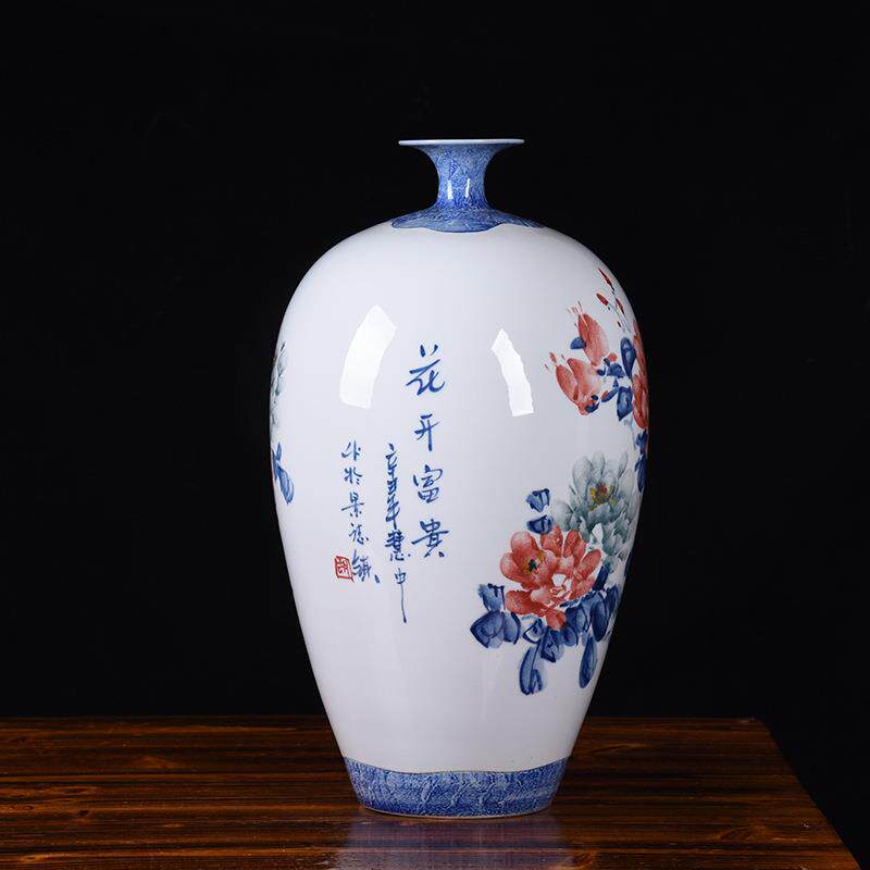 景德镇陶瓷花瓶手绘五彩牡丹大号石榴瓶中式家居饰品摆件名家收藏