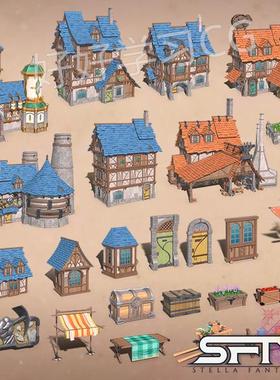 SFTY建筑 风格化 日韩风 房子 木屋 场景道具箱罐3dmax模型带贴图