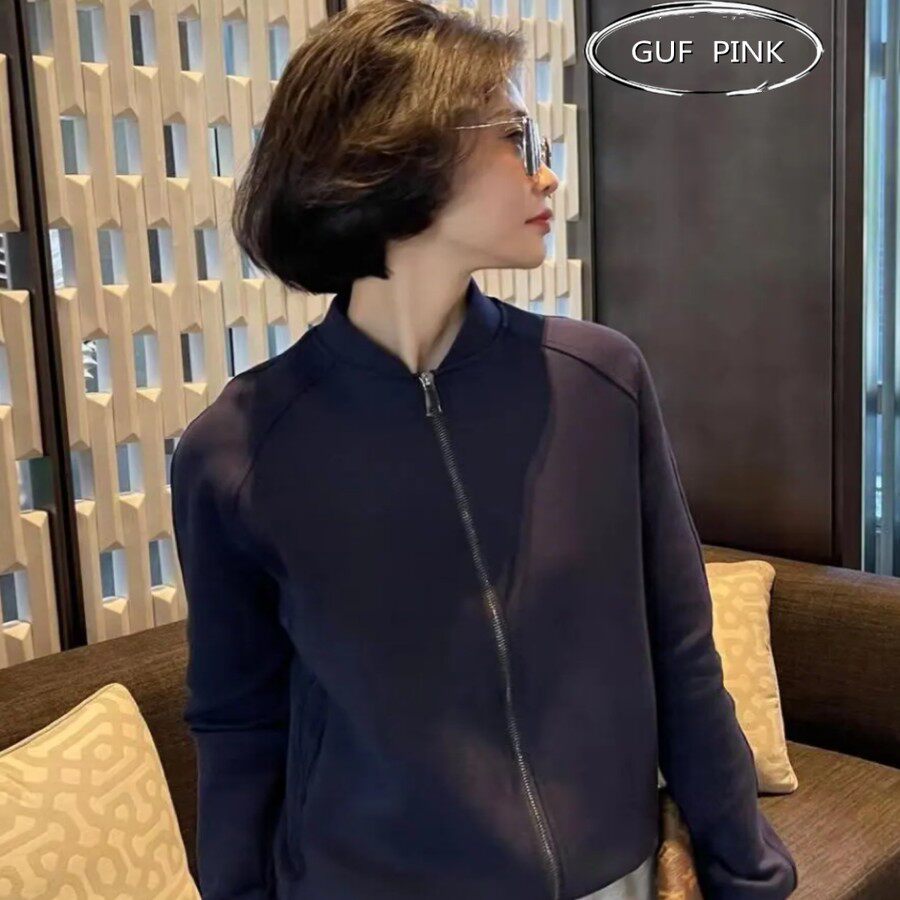 香港高级感春款欧货无帽夹克卫衣短外套女休闲秋冬加绒风衣开衫潮