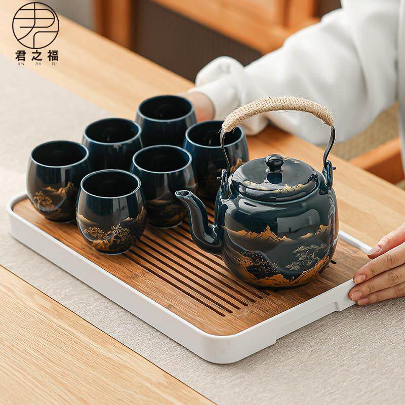 凉水壶陶瓷茶壶茶具套装家用客厅大容量复古中式提梁壶花茶杯茶盘