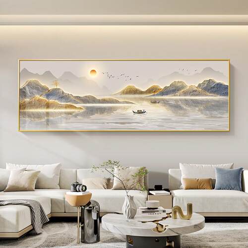 现代轻奢客厅装饰画横幅旭日东升壁画山水画寓意好沙发背景墙挂画