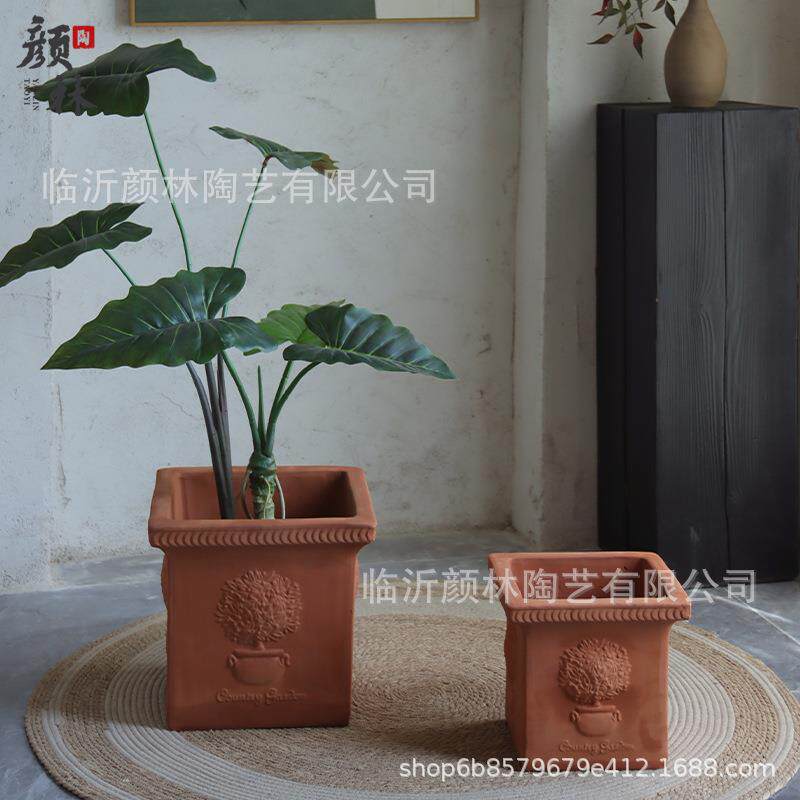 方形红陶花盆粗陶透气欧式浮雕盆园林景观造景庭院户外种植花盆田