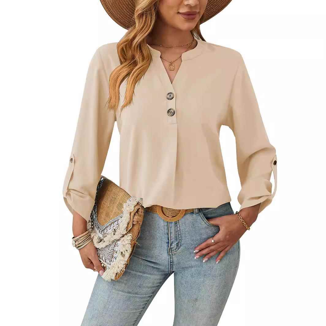 long-sleeved breathable V-neck solid comfortable top color