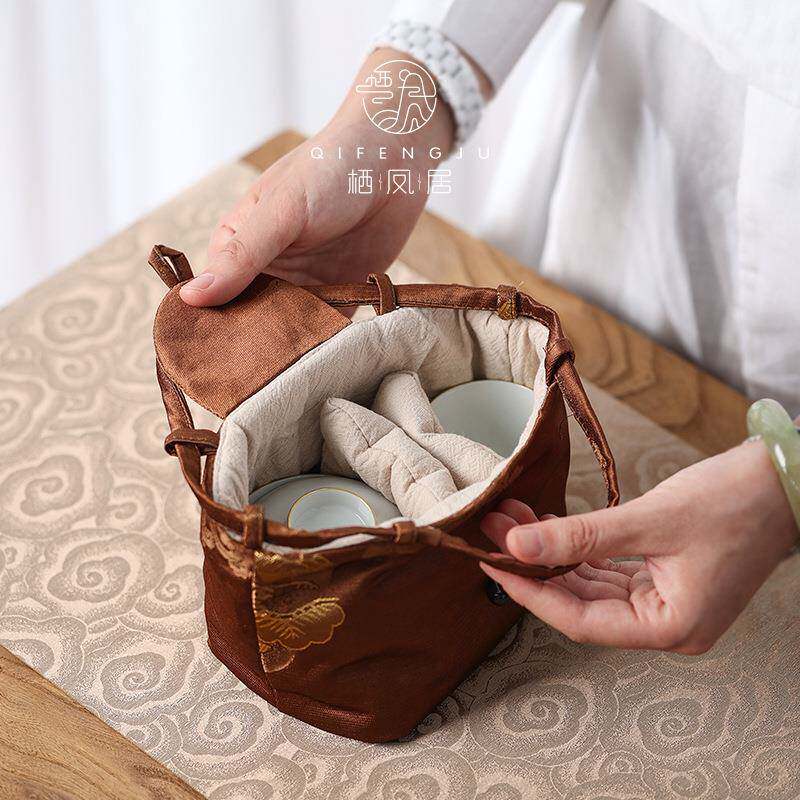 5ZW织锦布袋一壶两杯旅行加厚便携杯套茶具茶杯收纳包保护袋
