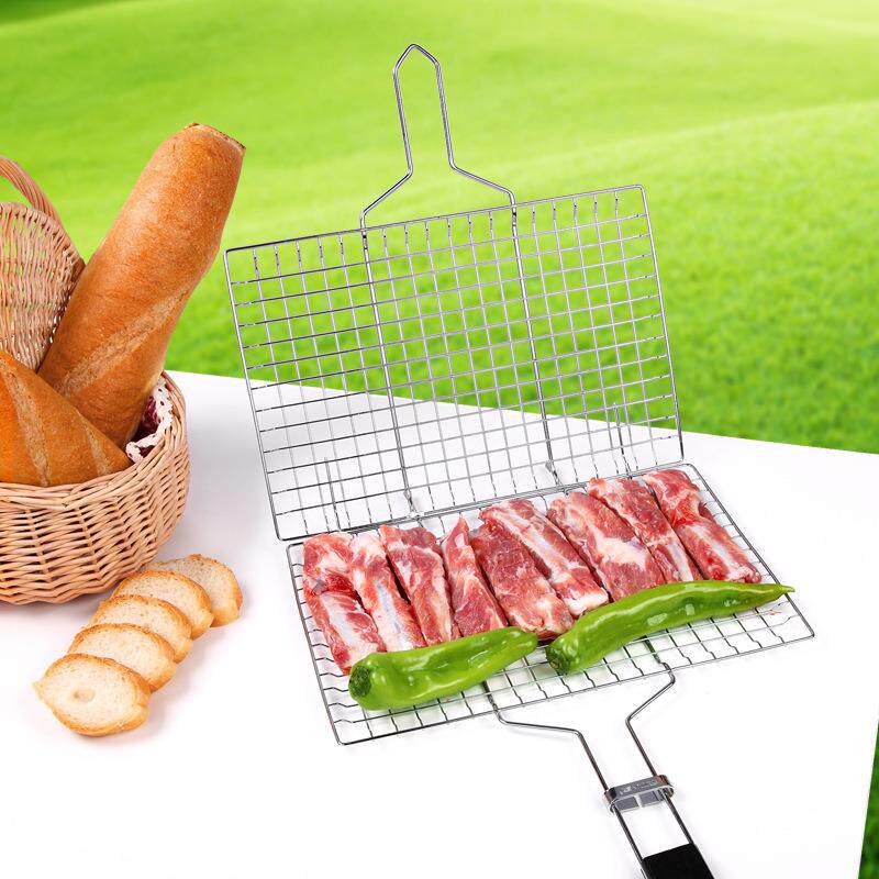 bbq烧烤工具不锈钢烧烤网家用烤鱼夹方形烤网木柄烧烤架子片烤篮