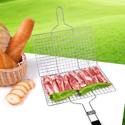 bbq烧烤工具不锈钢烧烤网家用烤鱼夹方形烤网木柄烧烤架子片烤篮