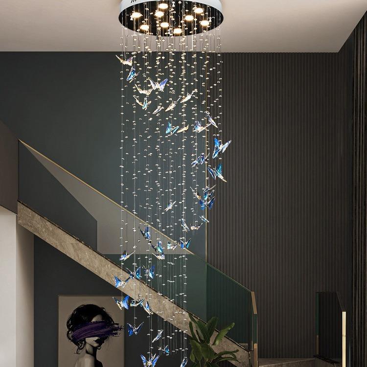 蓝复式灯简约楼梯灯现代别墅旋转井转灯蝴蝶大厅水晶楼梯彩色吊灯