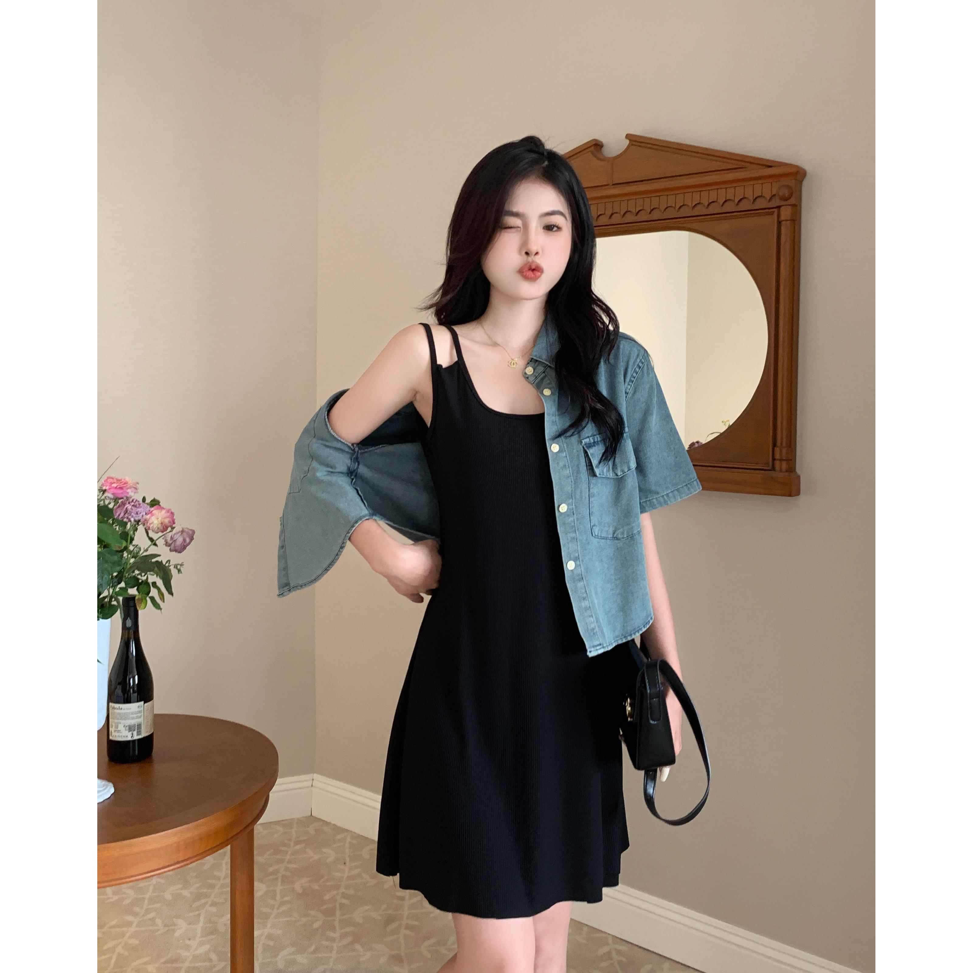 小吉家大码女装时尚套装夏覆古牛仔短袖衬衫吊带连衣裙显瘦两件套