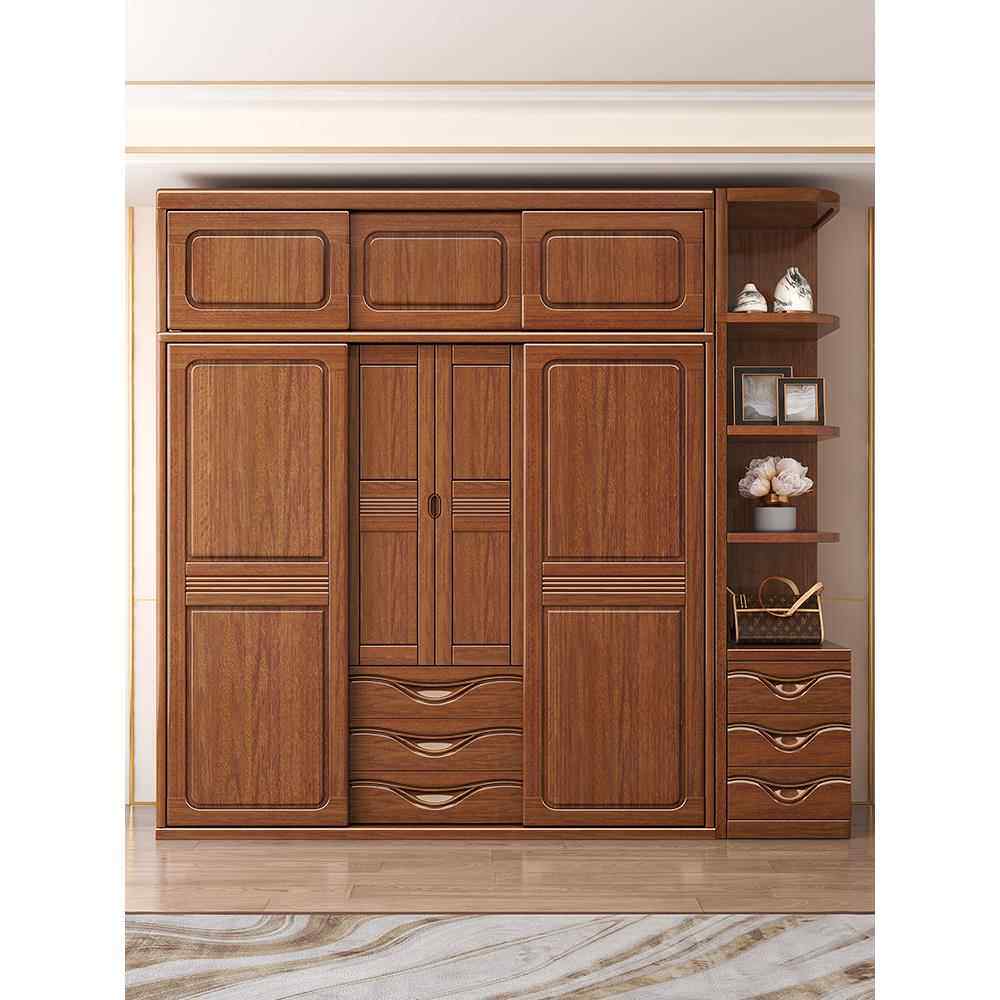 胡桃木推拉门实木衣柜卧室家庭现代全实木小公寓简单中式风格储物