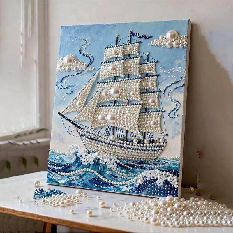 珍珠画白色帆船创意手工diy国风客厅玄关装饰画带相框40*50材料包