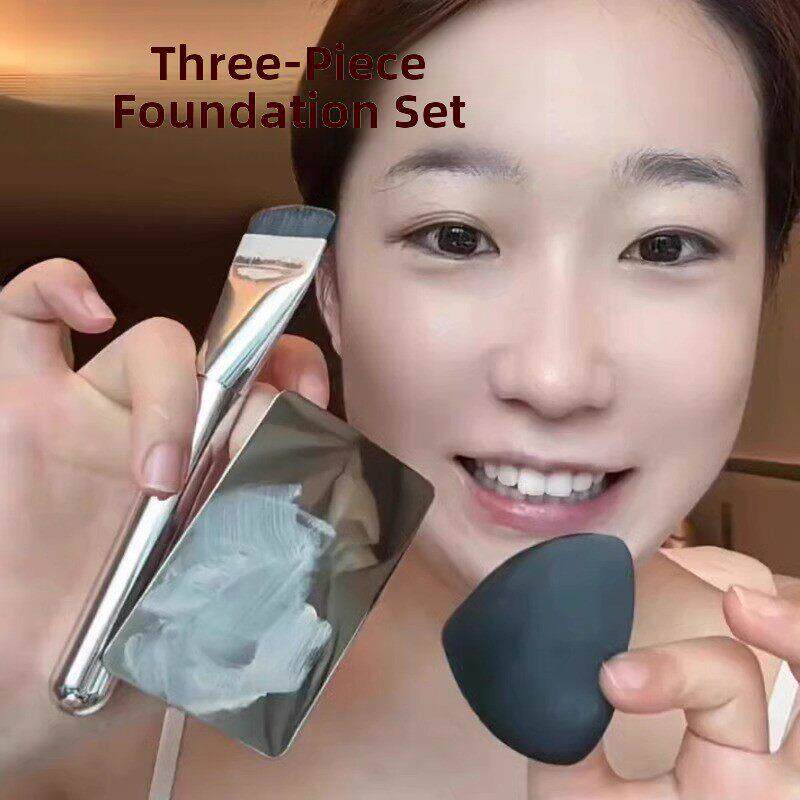 轻薄服帖底妆全靠它~化妆刷三件套一字粉底化妆刷套装调色板粉扑