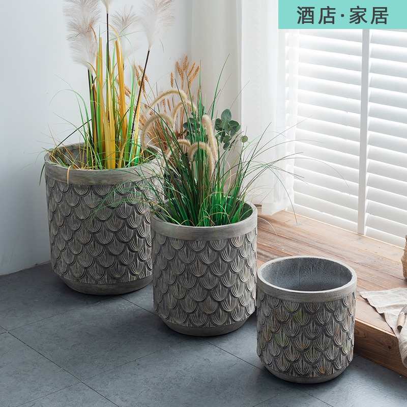 北欧创意复古做旧浮雕圆形水泥花盆园林芭蕉叶绿植盆栽落地花盆
