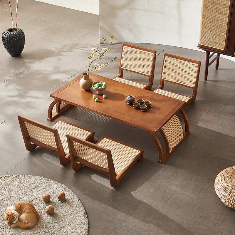 日式小桌子实木藤编茶室榻榻米桌椅组合中式禅意茶台阳台矮茶桌椅