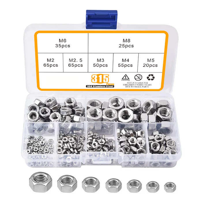 315PCS/250PCS 304不锈钢六角螺母盒装螺丝帽DIN934六角螺母
