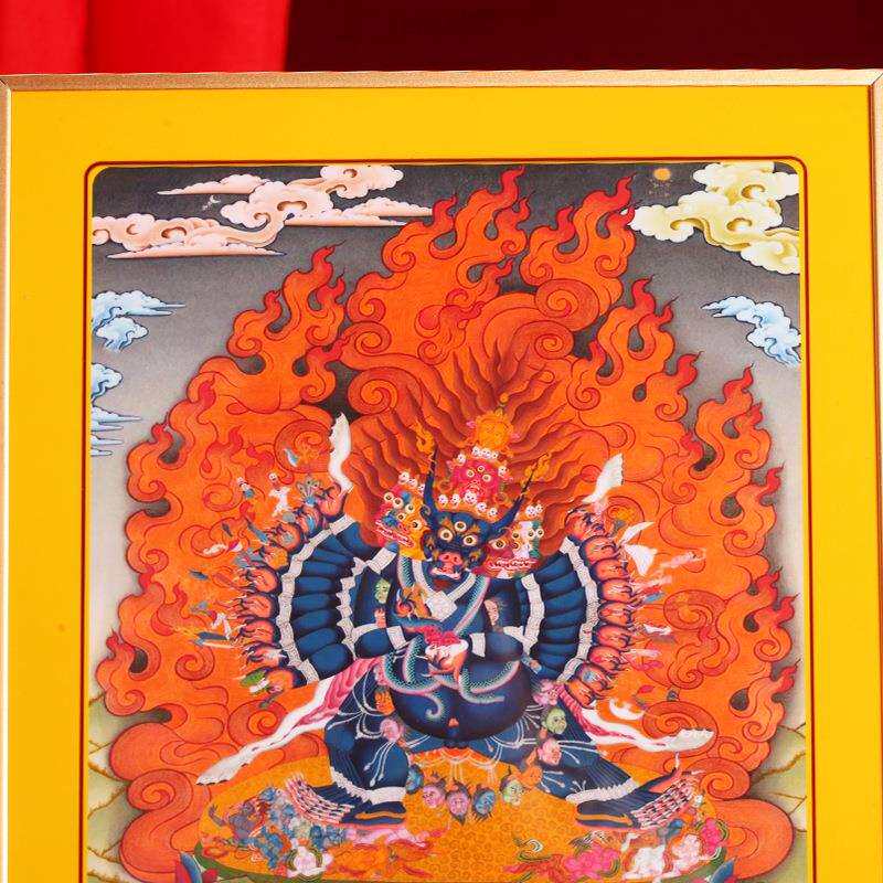 藏式大威德金刚铂金实木烤漆相框摆件挂画装饰家用十相自在唐卡图