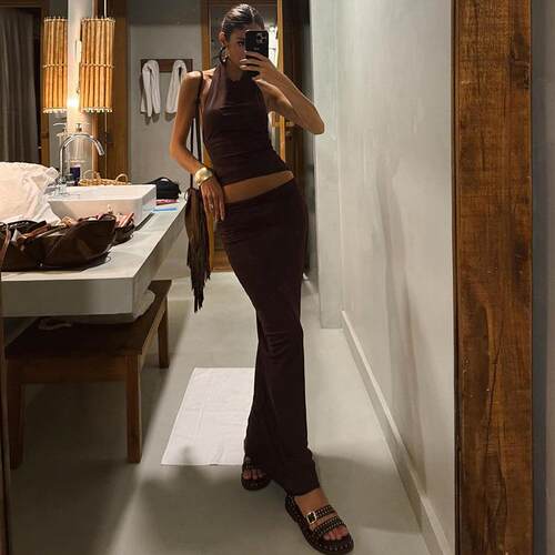 Twopiece Set Womens Solid Color Halter Top Skirt Casual