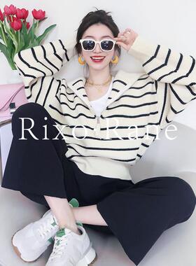 法国Rixo Rane 气质减龄⭐覆古撞色翻领条纹针织衫女小众宽松上衣