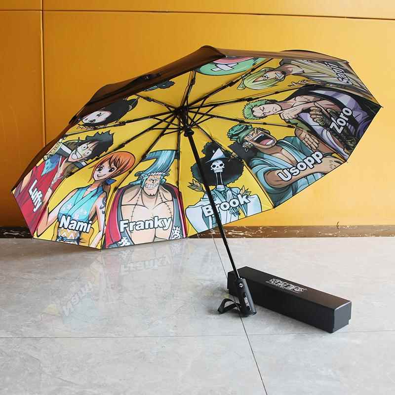 现货海贼王雨伞路飞三折全自动十骨加固黑胶防晒防紫外线遮阳