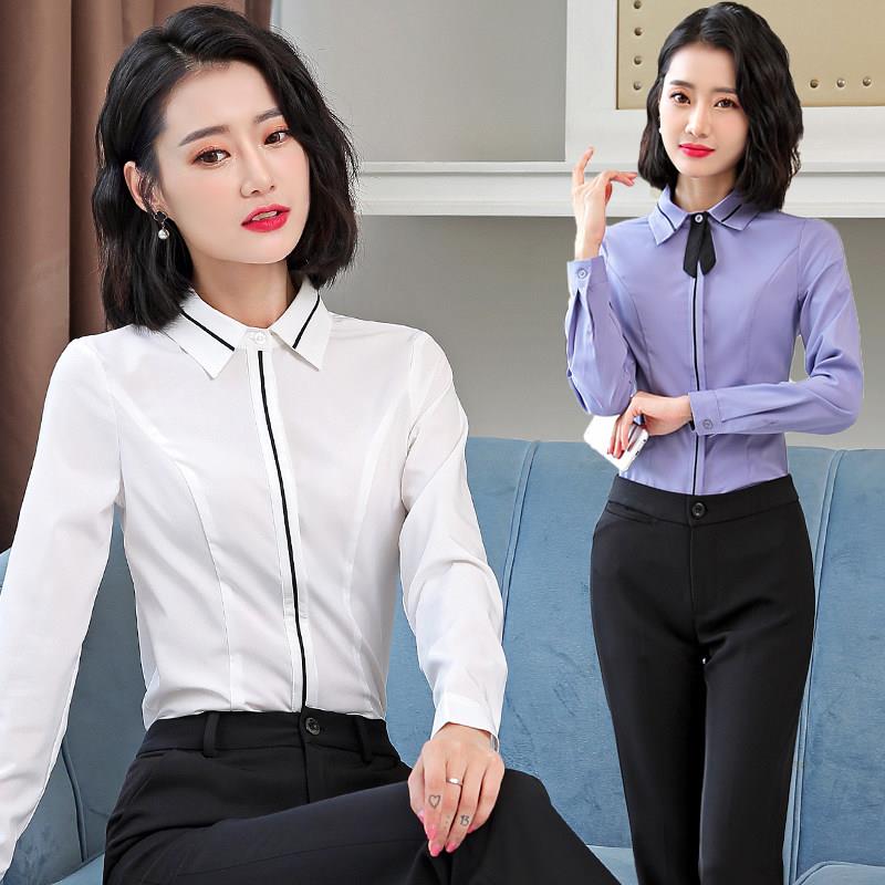 新款长袖白色衬衫女秋季时尚气质修身百搭上班服正装工作服套装女