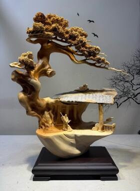 实木根雕木雕山水江山如画摆件大型纯手工雕刻根抱石大件玄关装饰
