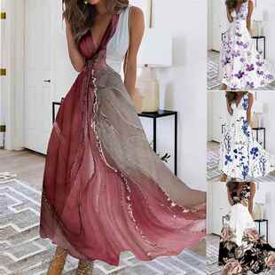 V领有里布高腰无袖 新款 印花性感背心连衣裙 夏季 2024欧美跨境女装