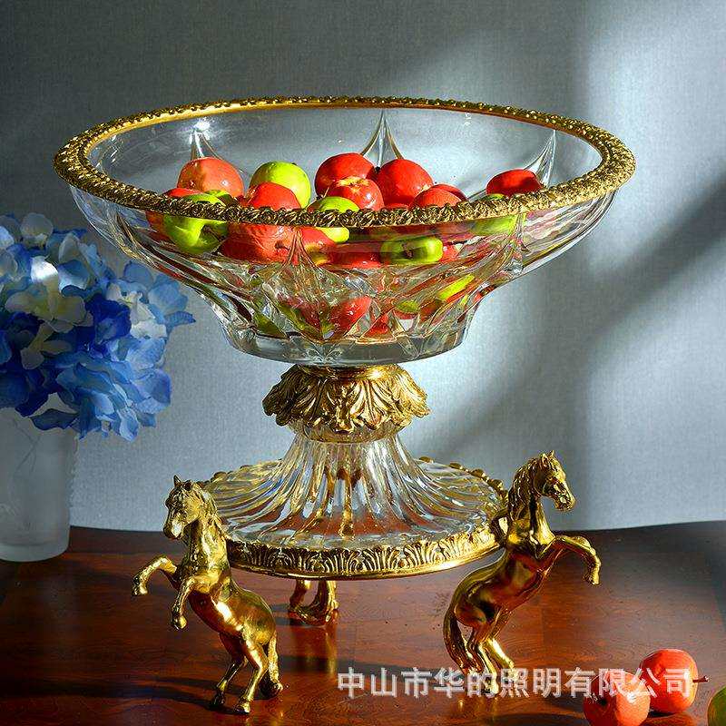 美式高档奢华样板房别墅水晶镶铜水果盘欧式古典软装客厅茶几摆件