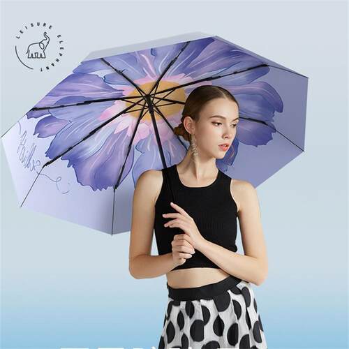 闲象三折太阳伞女防晒防紫外线手动晴雨伞两用小众遮阳伞铝骨黑胶