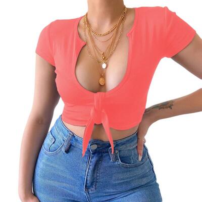 Low V-neck lace up short sleeved top女低V领系带短款短袖上衣