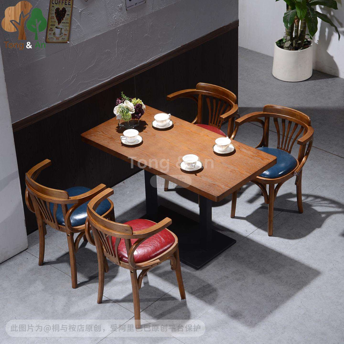 美式复古风咖啡店实木桌椅茶餐厅方桌甜品烘焙下午茶轻食椅子商用