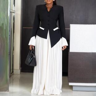 两件套非洲套装 C8609亚马逊新款 上衣压褶阔腿裤 气质OL喇叭袖 时尚