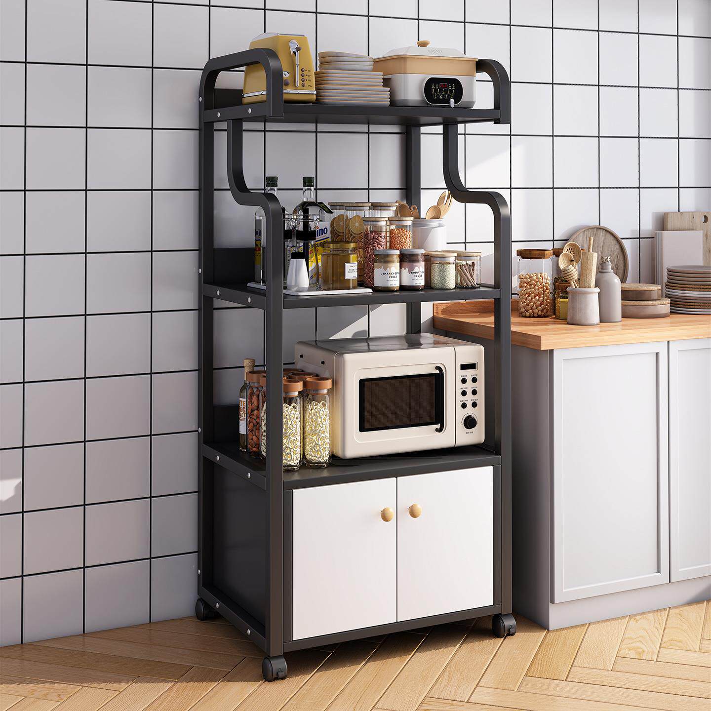 厨房微波炉置物架子带轮子家用落地多功能烤箱电饭锅锅具收纳大全