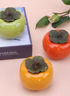 逼真柿子茶叶罐事事如意创意家居摆件陶瓷工艺品礼品汽车内饰品