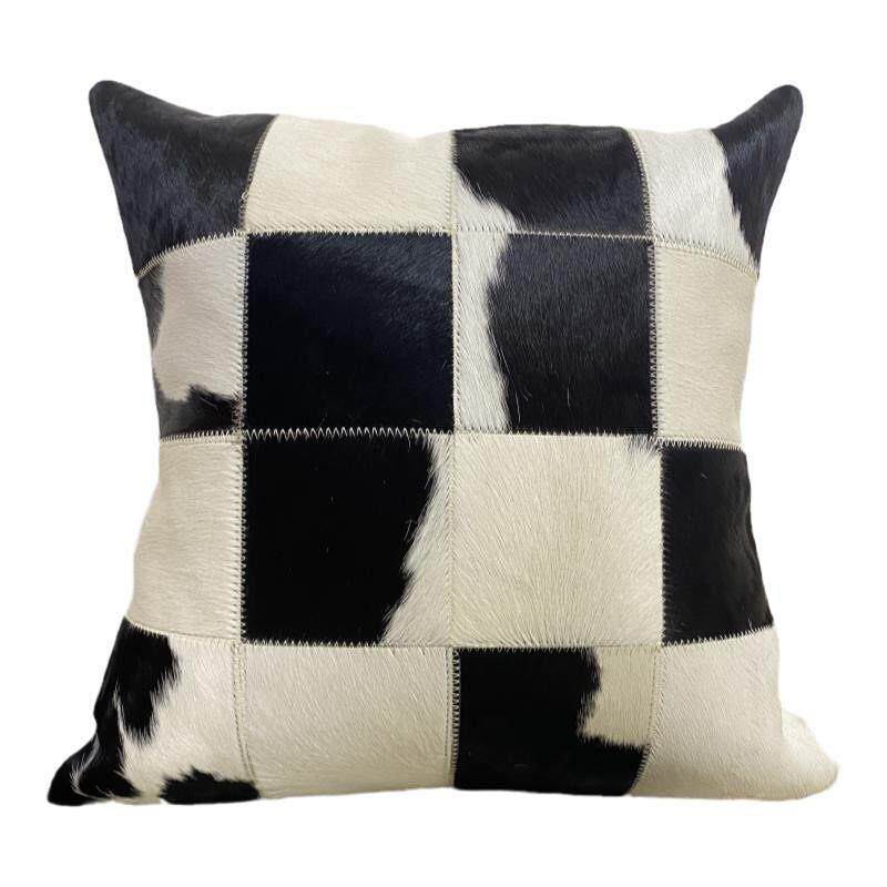 现代轻奢风黑白格子牛皮抱枕真皮靠垫靠枕北欧简约客厅沙发样板间